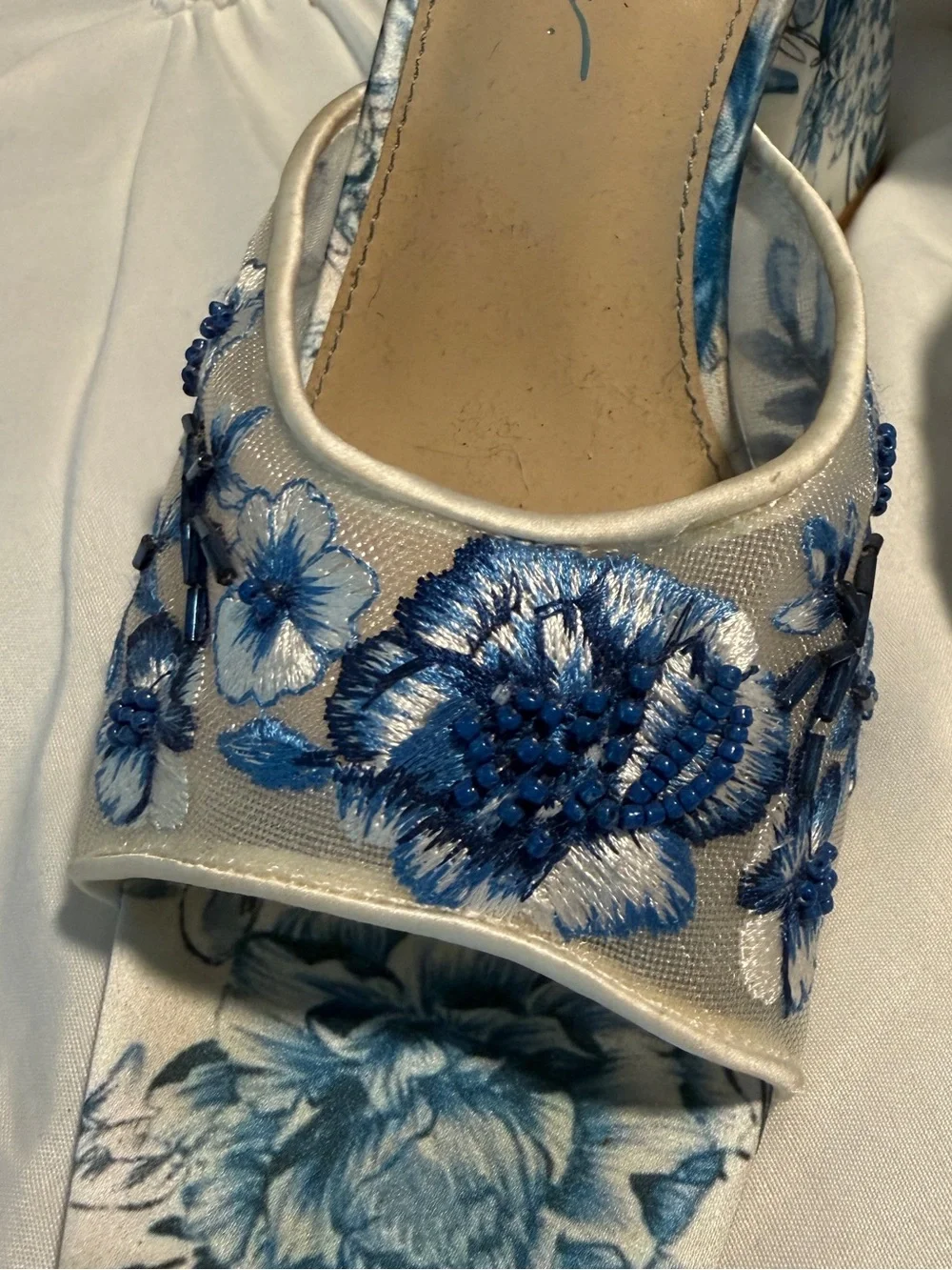Betsey Johnson White and Blue Floral Block Heel Mules
